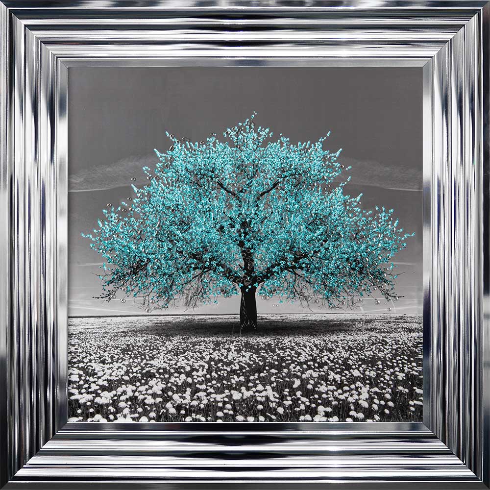Teal Cherry Tree Framed Wall Art 55x55cm