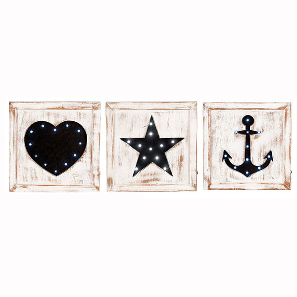 S/3 Natural Wash Fir Wood Square LED Wall Plaques