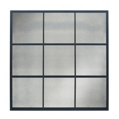 Matt Black Metal 9 Pane Mirror with Foxed Glass