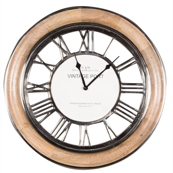 Polished Nickel & Mango Wood Round Wall Clock