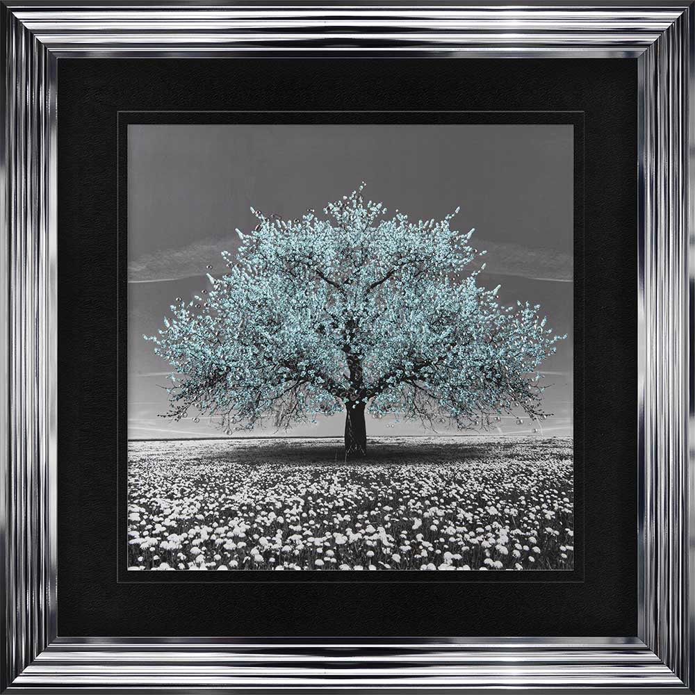 Teal Cherry Tree Framed Wall Art 90x90cm