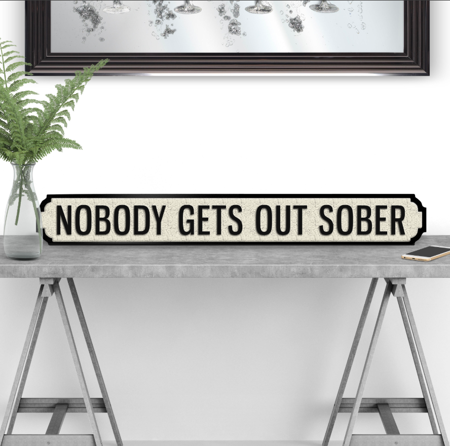 Nobody Gets Out Sober Road Sign
